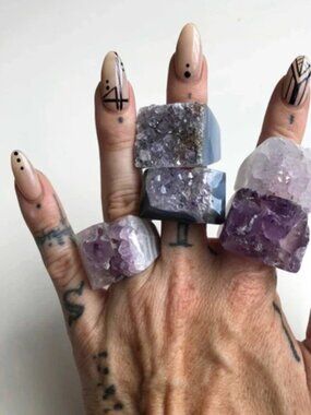 Rough Cut Amethyst Druzy Ring 6 & Purple Selenite Bar Chain Necklace 19"